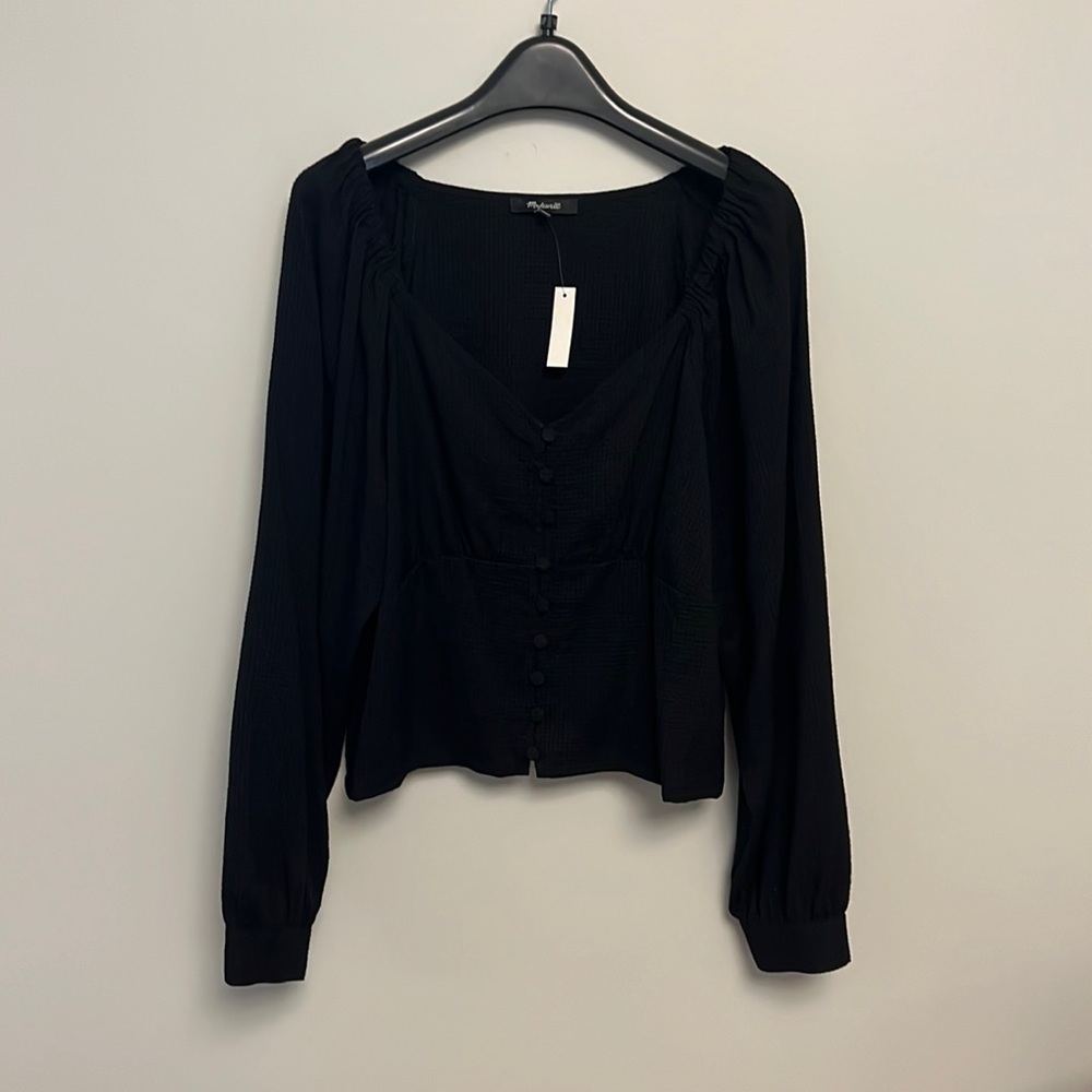 Madewell Button Up V-Neck Blouse with Shoulder and Rear Waist Gathering Size L